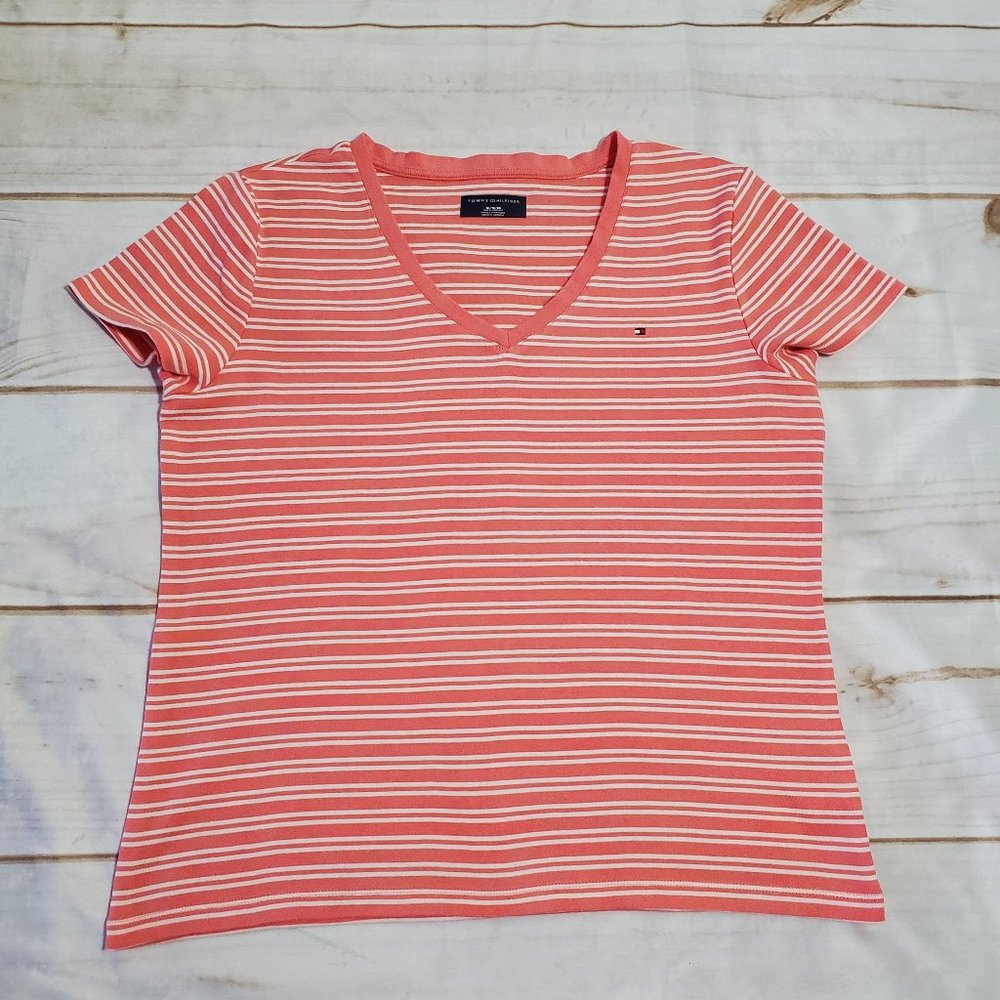 Tommy Hilfiger, V-Neck Short-Sleeve T-Shirt, XL, Coral/White Striped